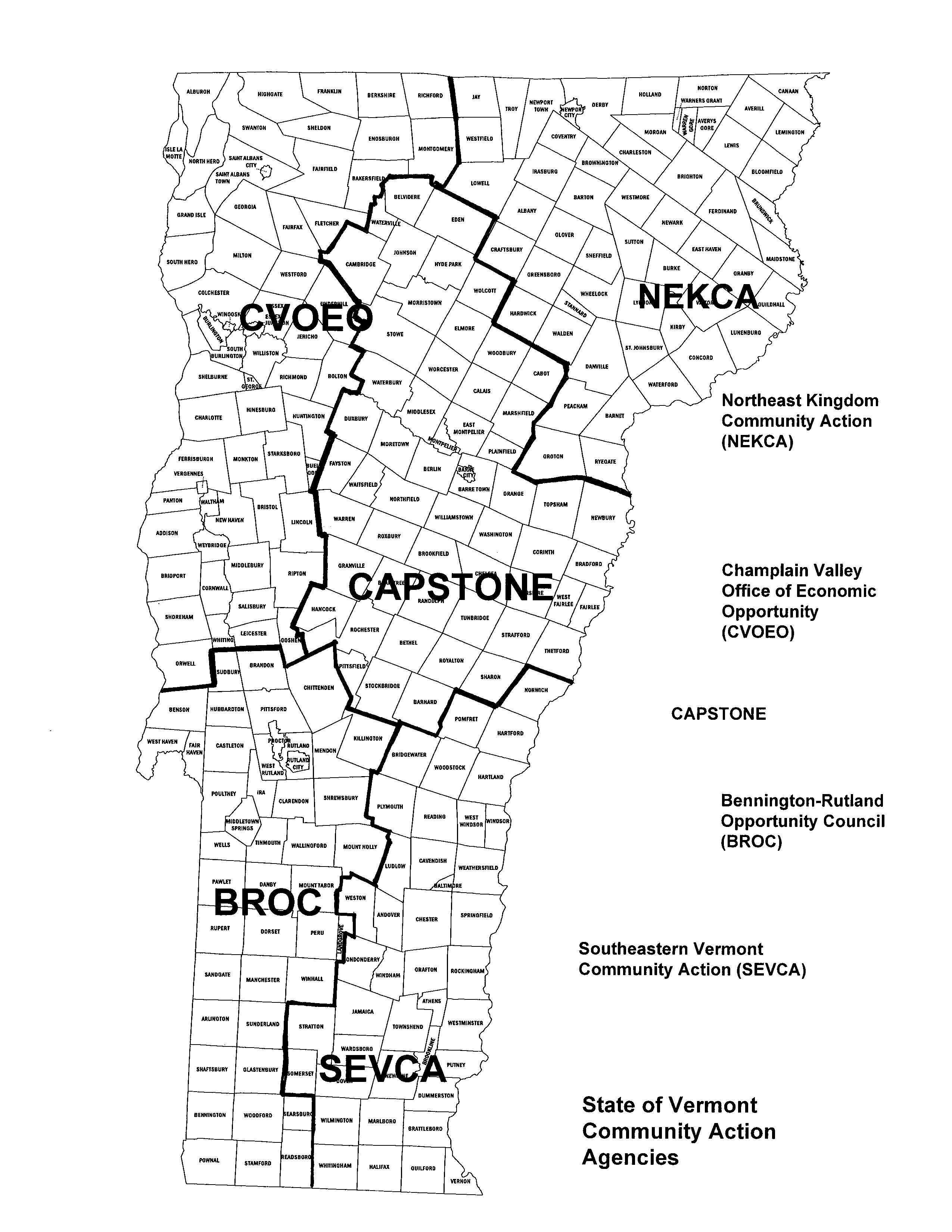 map showing location of communication action agencies in Vermont