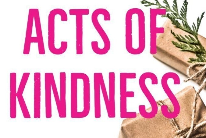 the words Acts of Kindness with Christmas tree branch and packages in background